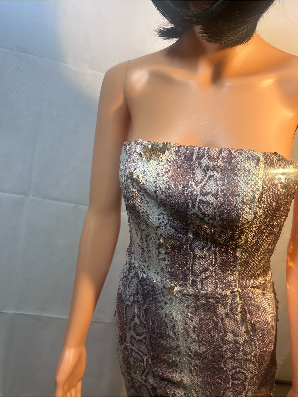 Strapless Sequin Snakeskin Bodycon Dress - Brown & Cream